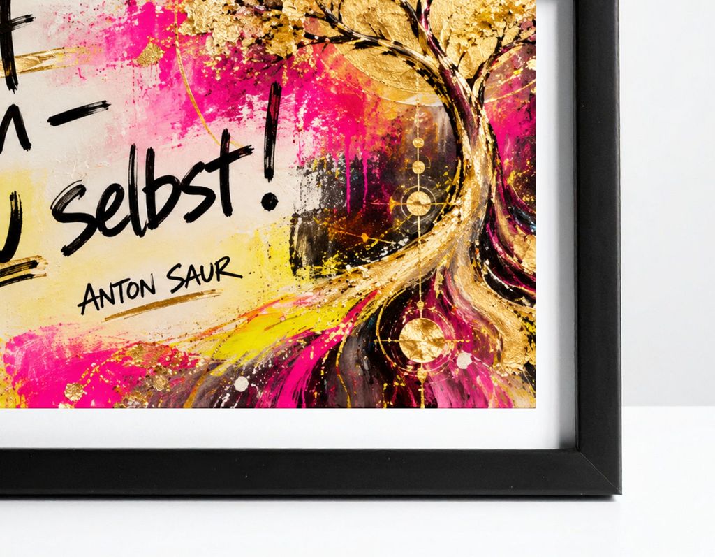 Detail eines farbenfrohen Gemäldes mit Goldakzenten und dem Text "selbst!" sowie der Signatur "Anton Saur" im schwarzen Bilderrahmen.